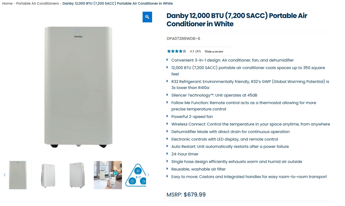 Danby DPA120B8WDB-6 12,000 BTU 3-in-1 Portable Air Conditioner