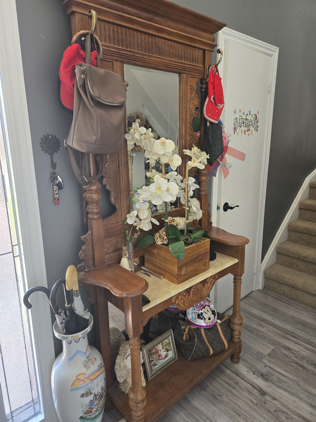 Old Wooden Hall Tree with Mirror