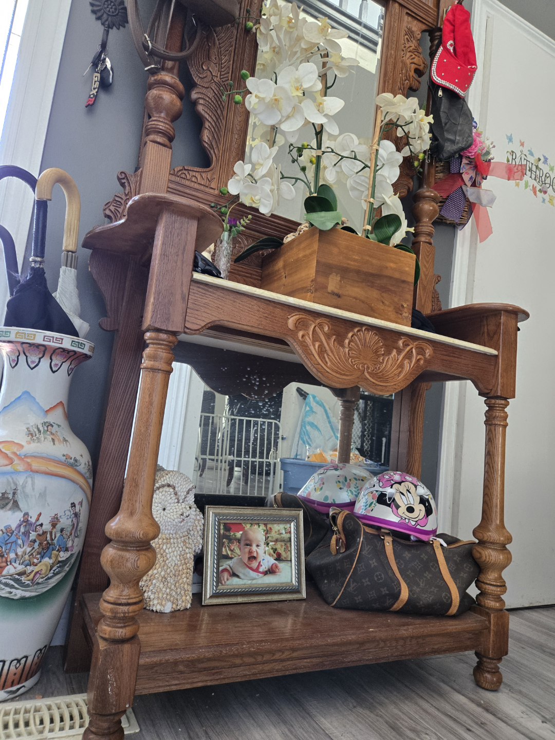 Old Wooden Hall Tree with Mirror - photo 2