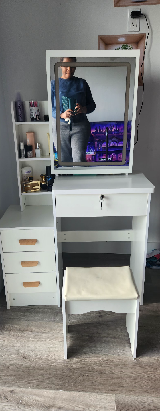 White Vanity Set with LED Mirror and Stool