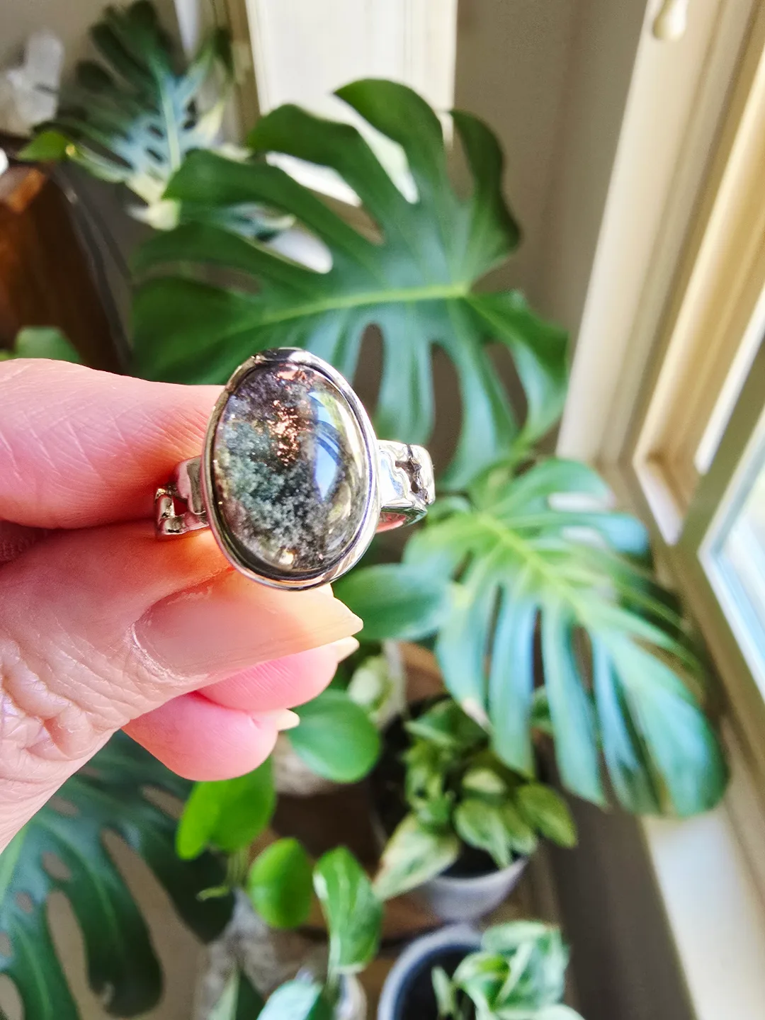 New Green Phantom Quartz natural 925stamp sterling silver ring thumbnail