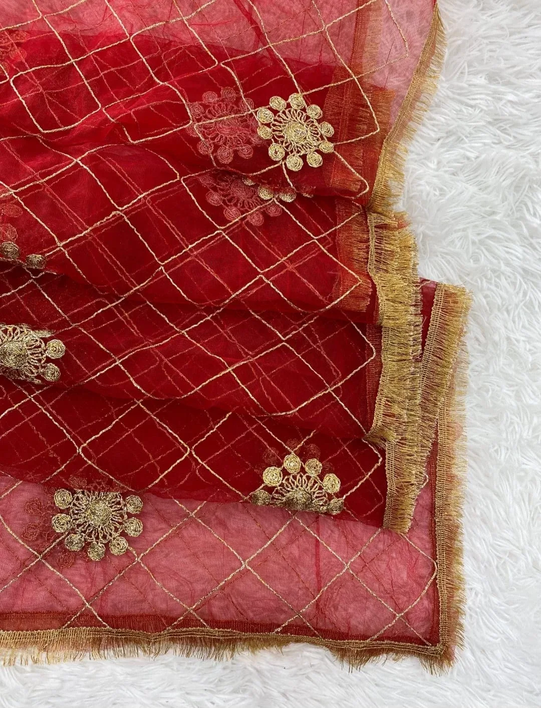 Red embroidered net dupatta thumbnail
