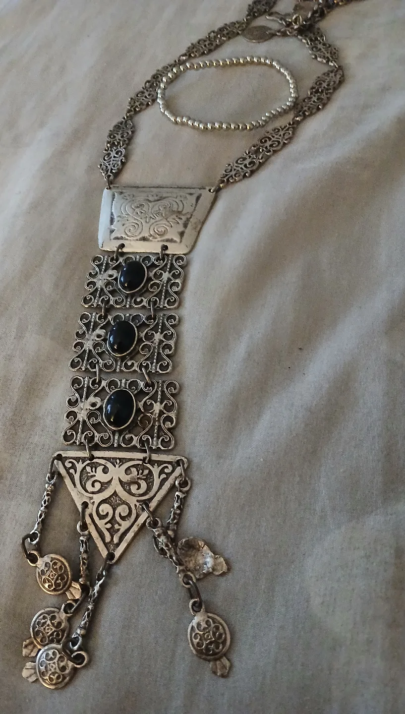 Unique Silver Filigree Statement Necklace with Black Stones thumbnail