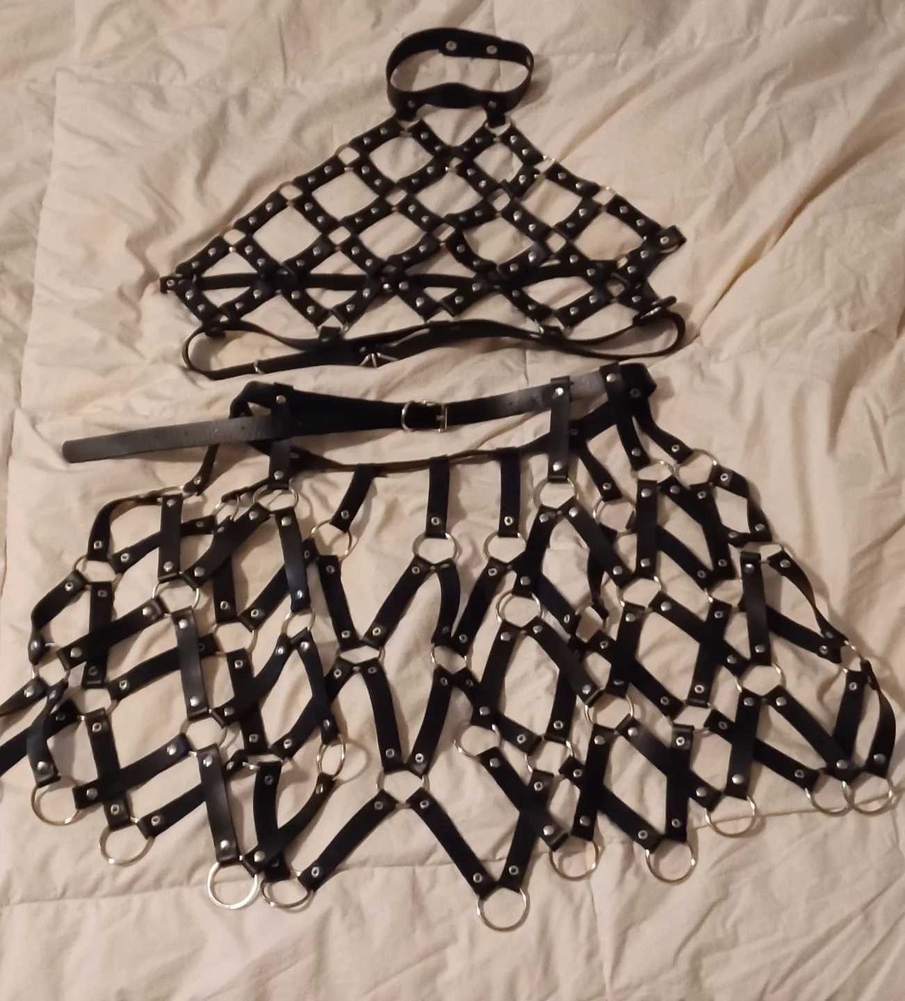 Pink and Black Leather Harness Skirt and Top Set image indicator(4)