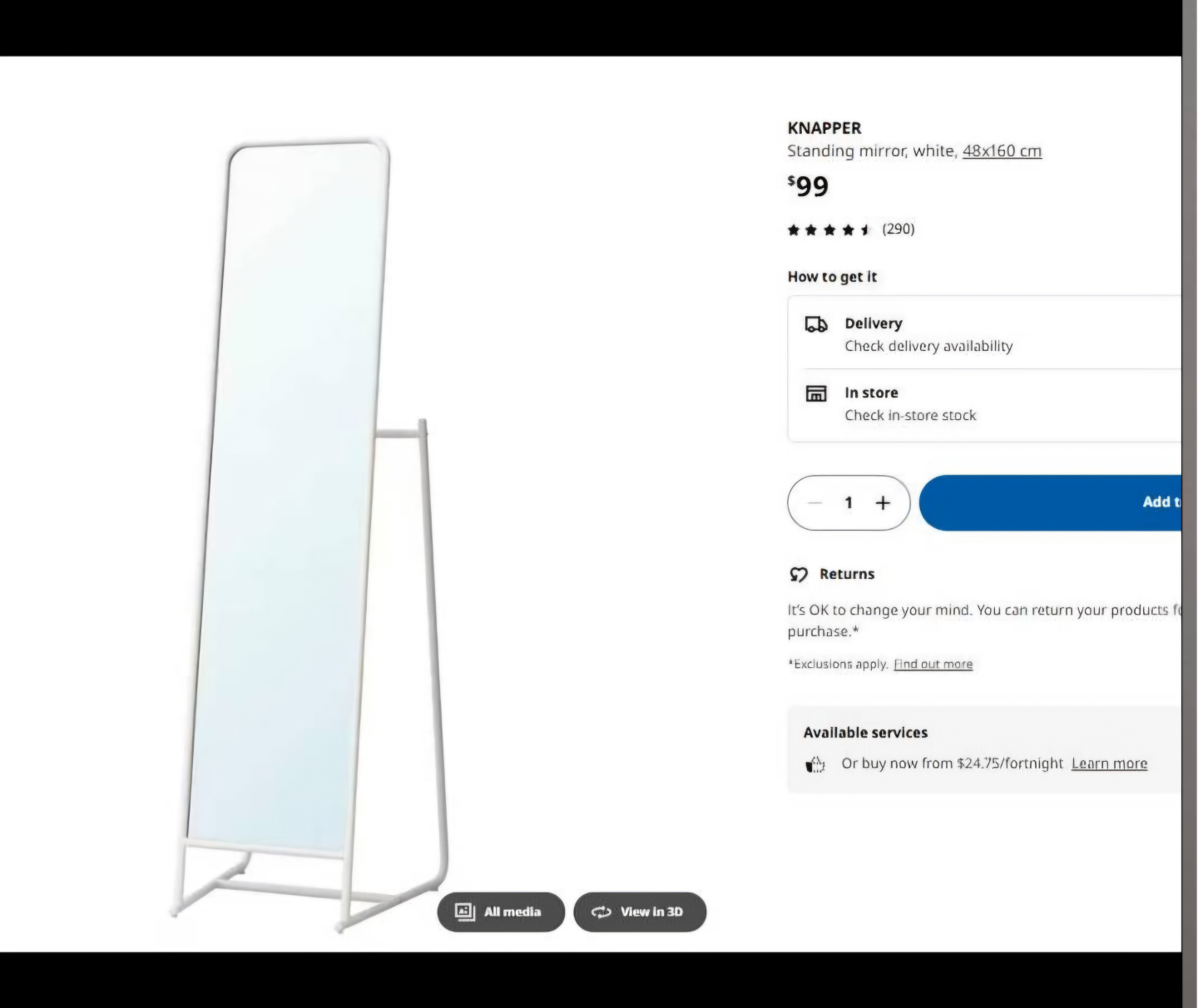 IKEA KNAPPER Full-Length Standing Mirror with Hooks