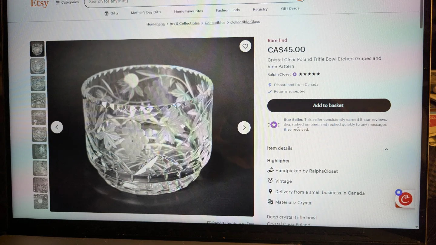 Crystal Clear Poland Trifle Bowl Etched Grapes and Vine Pattern thumbnail