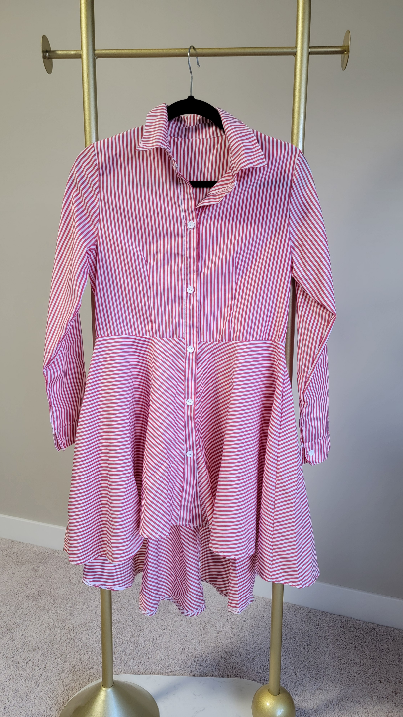 Red and White Striped High-Low Shirt Dress - photo 3