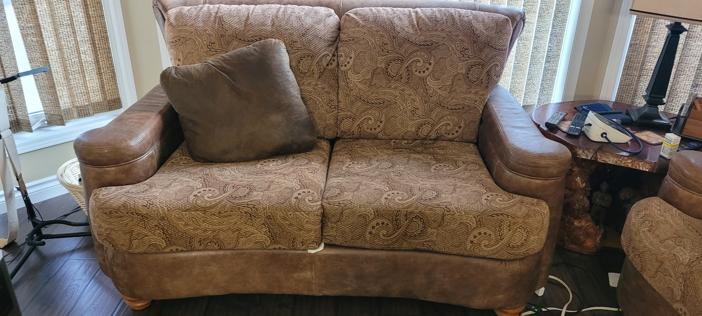 2 Love Seats - Brown Leather and Fabric