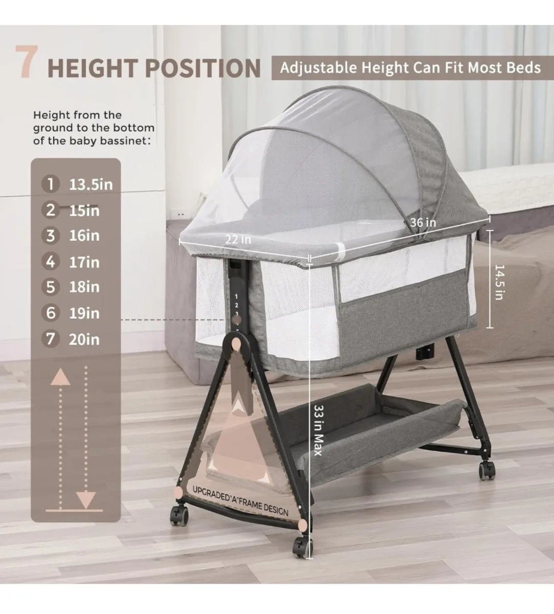 Baby Bassinet with Storage, 7 Height Adjustments image indicator(5)