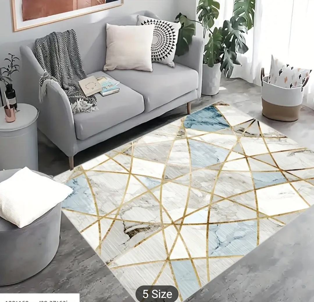 Large Abstract Area Rug, Beige, Blue, Gold Geometric Design