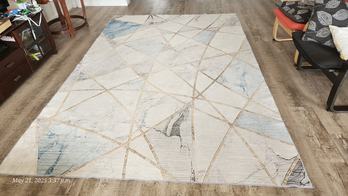 Large Abstract Area Rug, Beige, Blue, Gold Geometric Design - photo 3