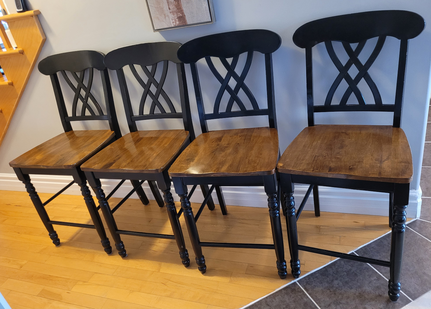 Set of 4 Black and Brown Kitchen Counter Height Chairs