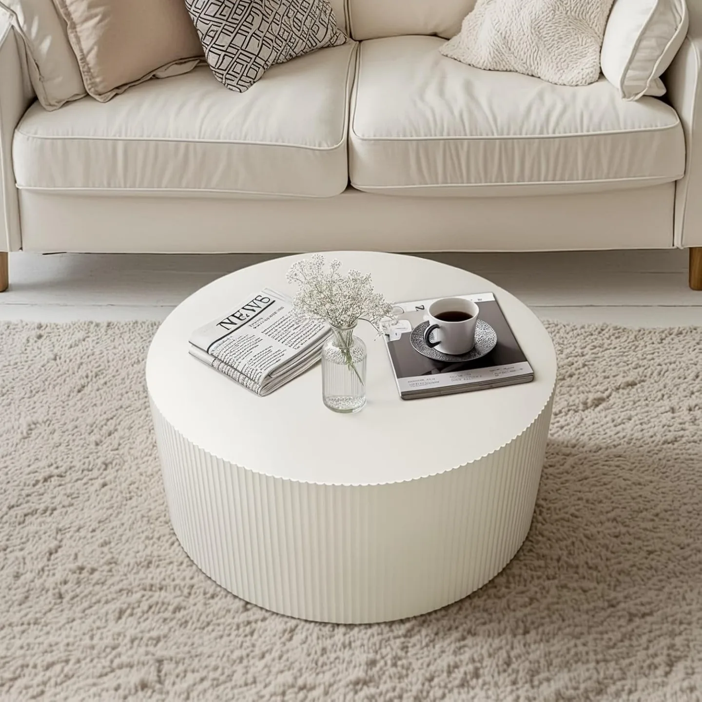 Minheola Modern Beige Round Coffee Table with Fluted Wave Design image indicator(3)
