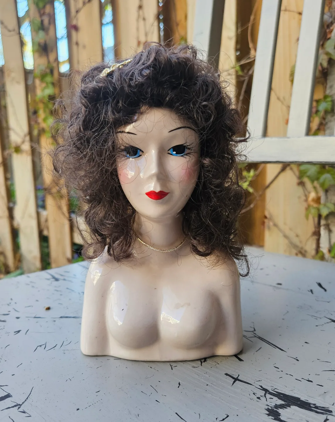 Vintage Ceramic Bust Figurine with Wig thumbnail