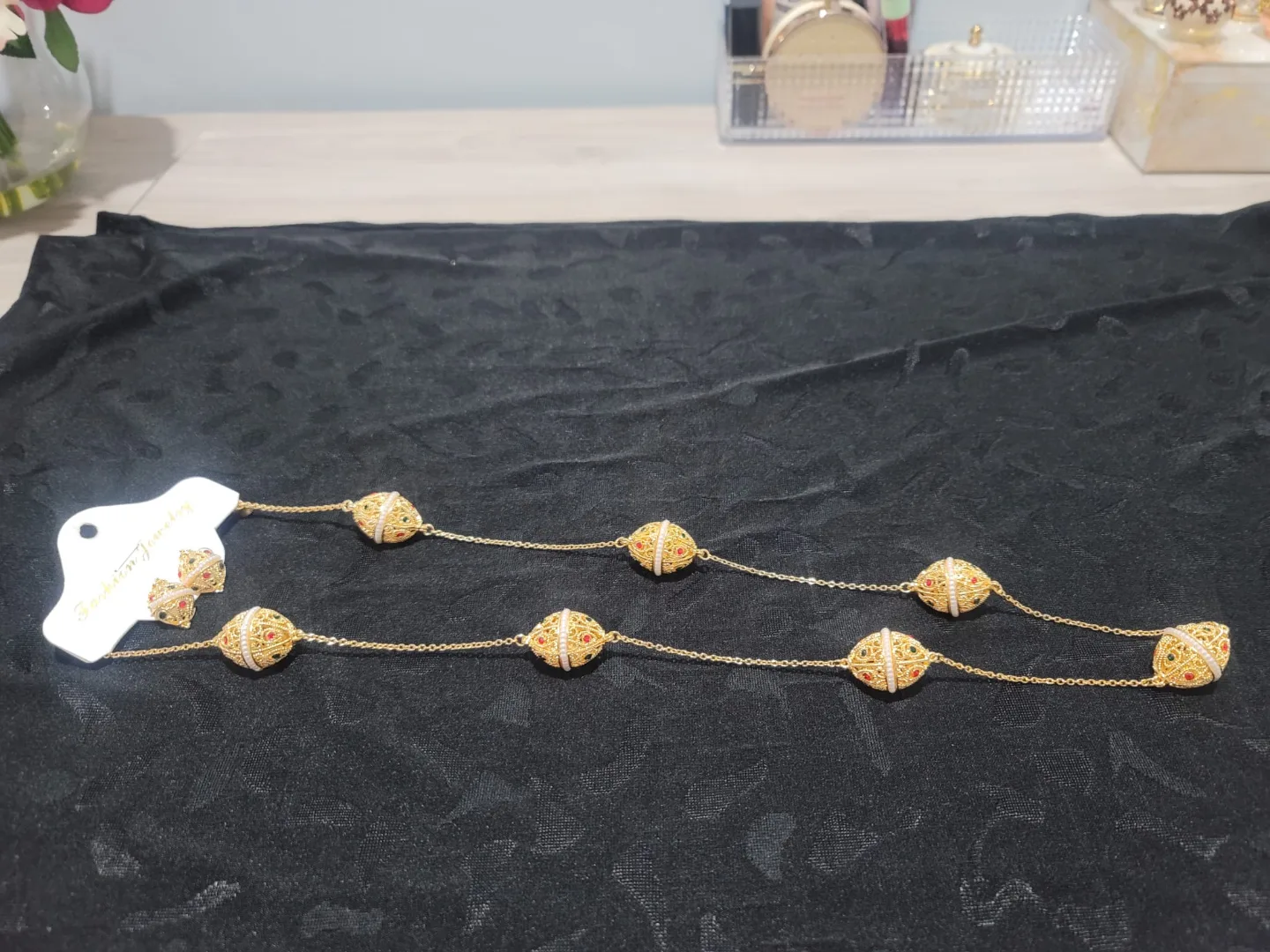 Gold Tone Filigree Long Necklace and Earrings Set thumbnail
