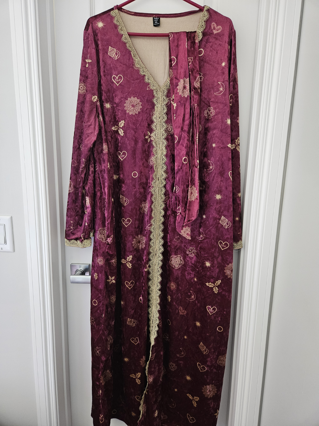 Burgundy Velvet Long Kaftan with Gold Detailing