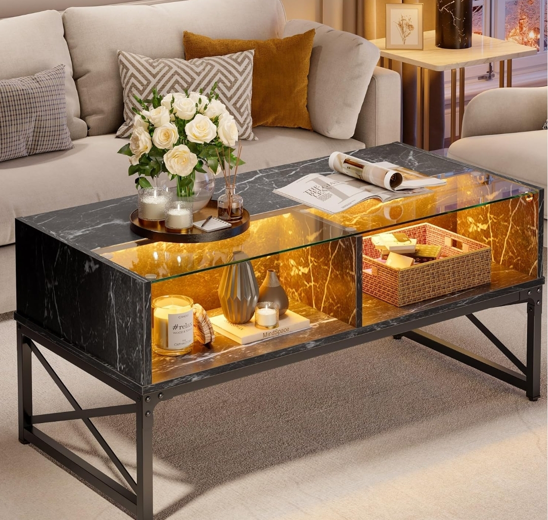 Modern Coffee Table with LED Lighting and Glass Shelves