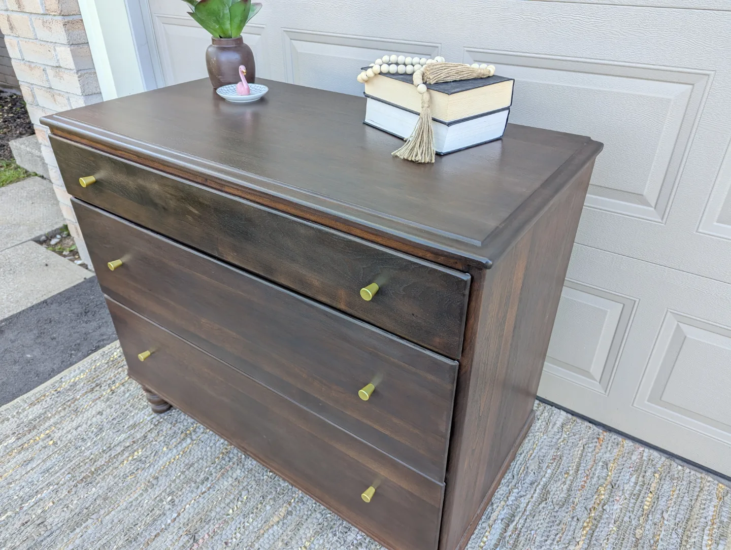 Newly refinished three drawer wood dresser image indicator(3)
