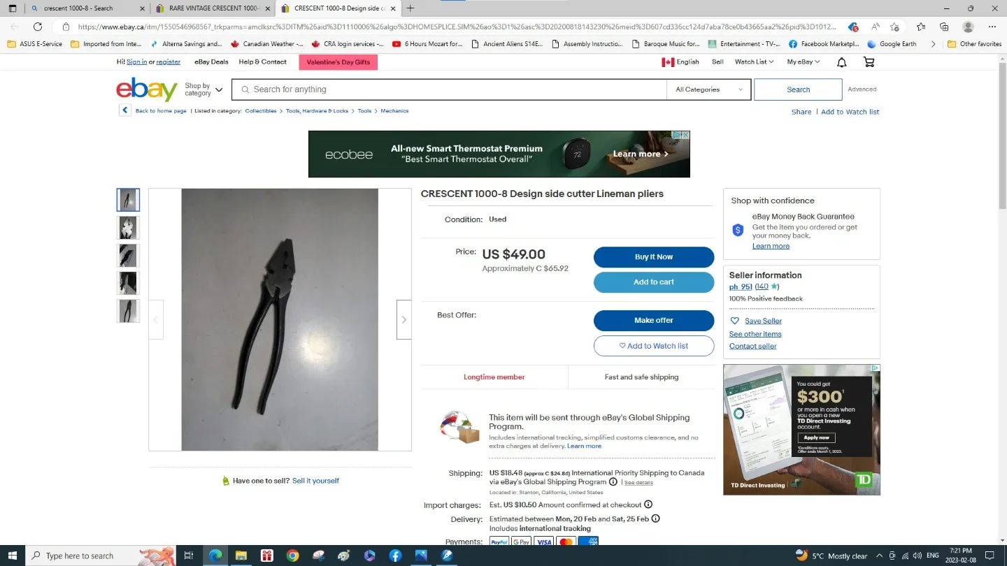 Vintage Crescent 1000-8 Side Cutting Lineman Pliers and other image indicator(3)