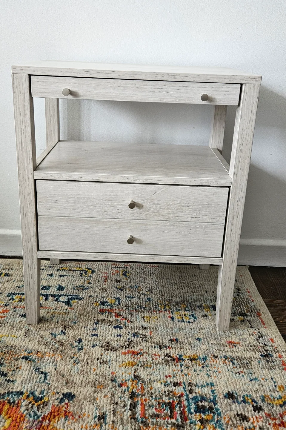 White Wooden Nightstand with Drawers and Shelves thumbnail
