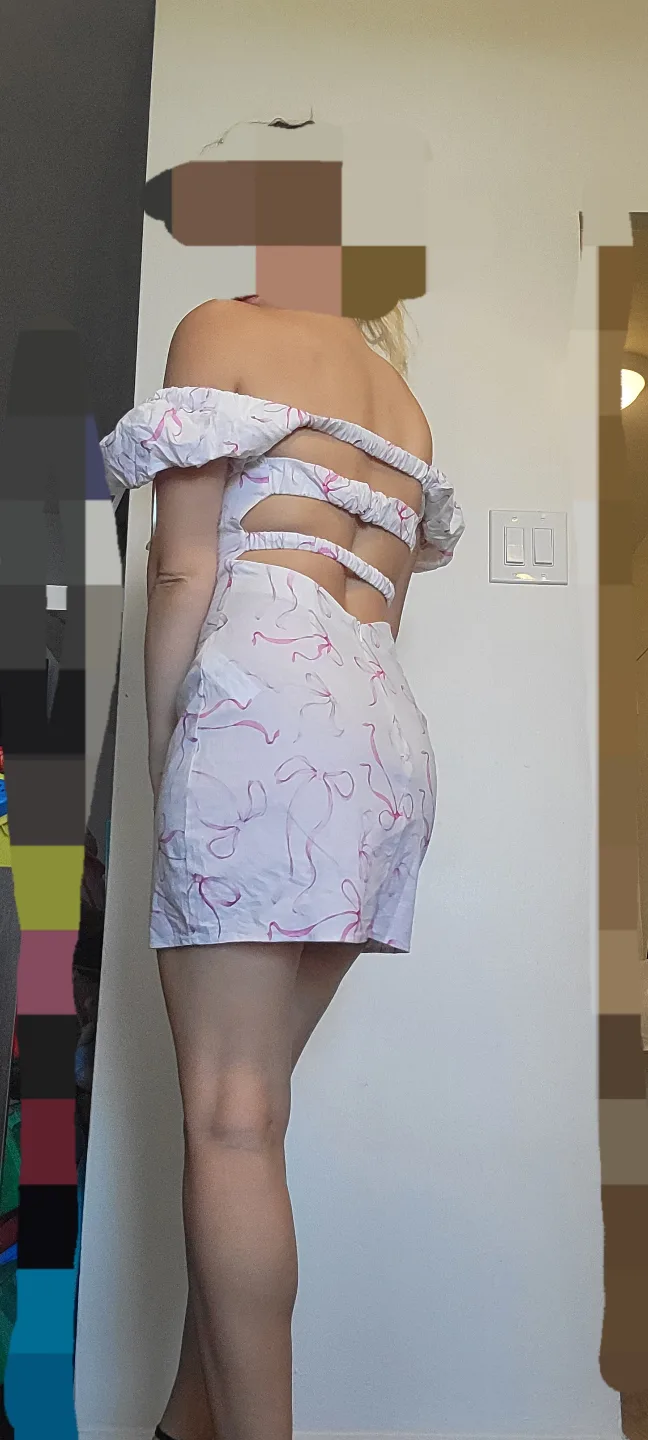 Stradivarius White Mini Dress with Pink Ribbon Print image indicator(3)