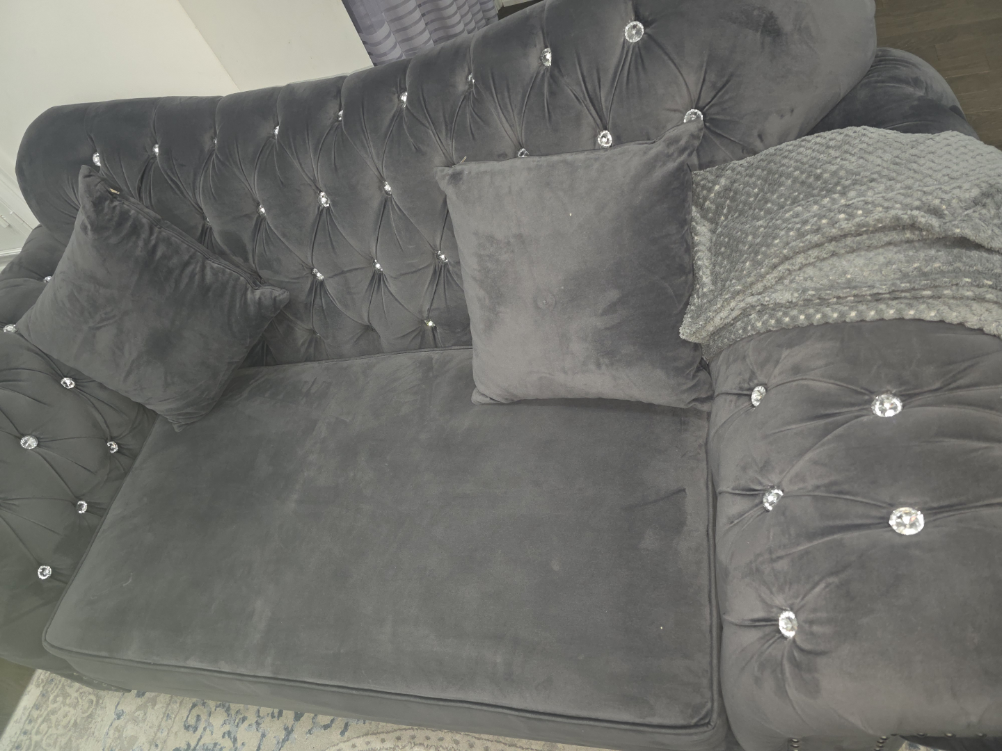 Dark Grey Velvet Sofa and Accent Table