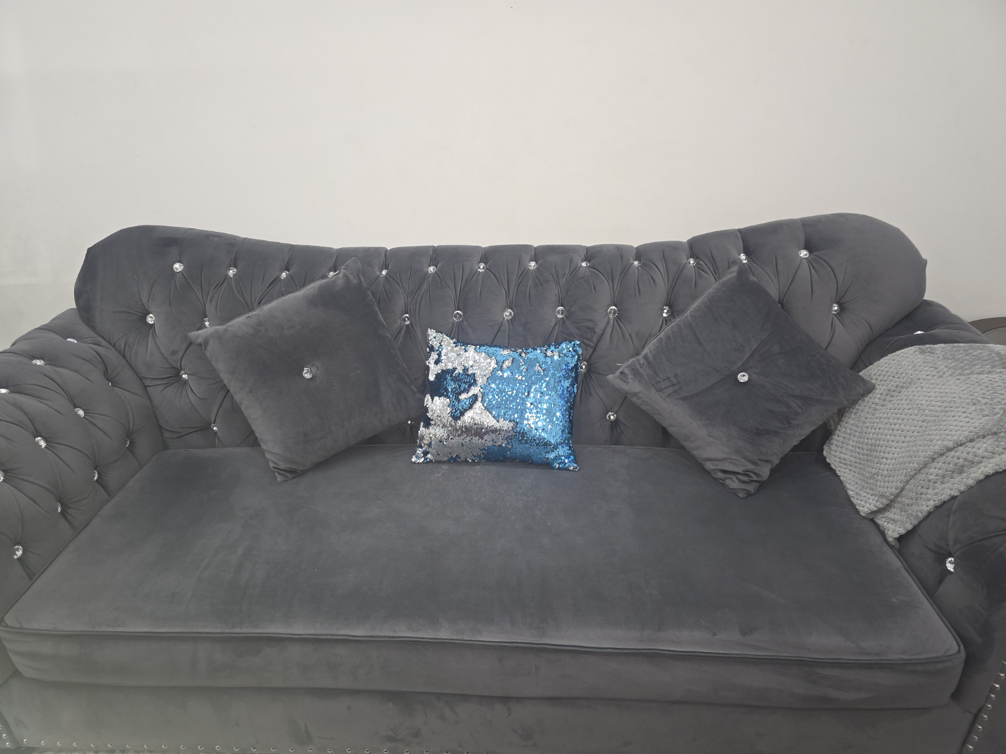 Dark Grey Velvet Sofa and Accent Table - photo 3