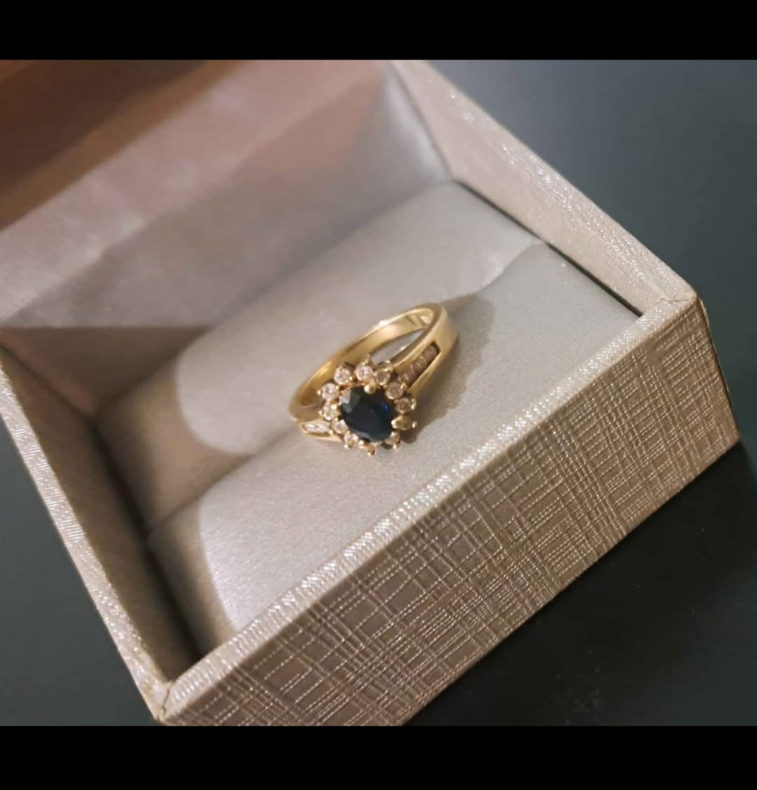 10K Yellow Gold - Diamond Blue Sapphire Ladies Double Halo Ring - photo 2