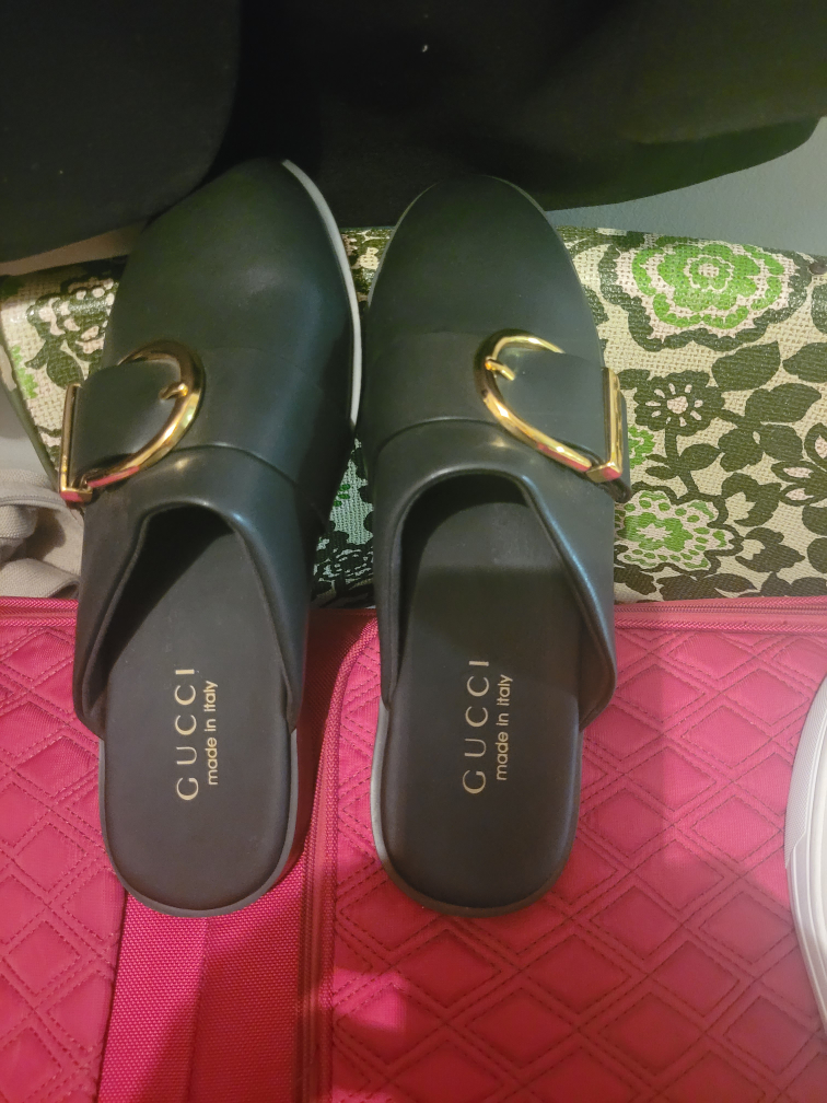 Gucci Black Leather Buckle Slides