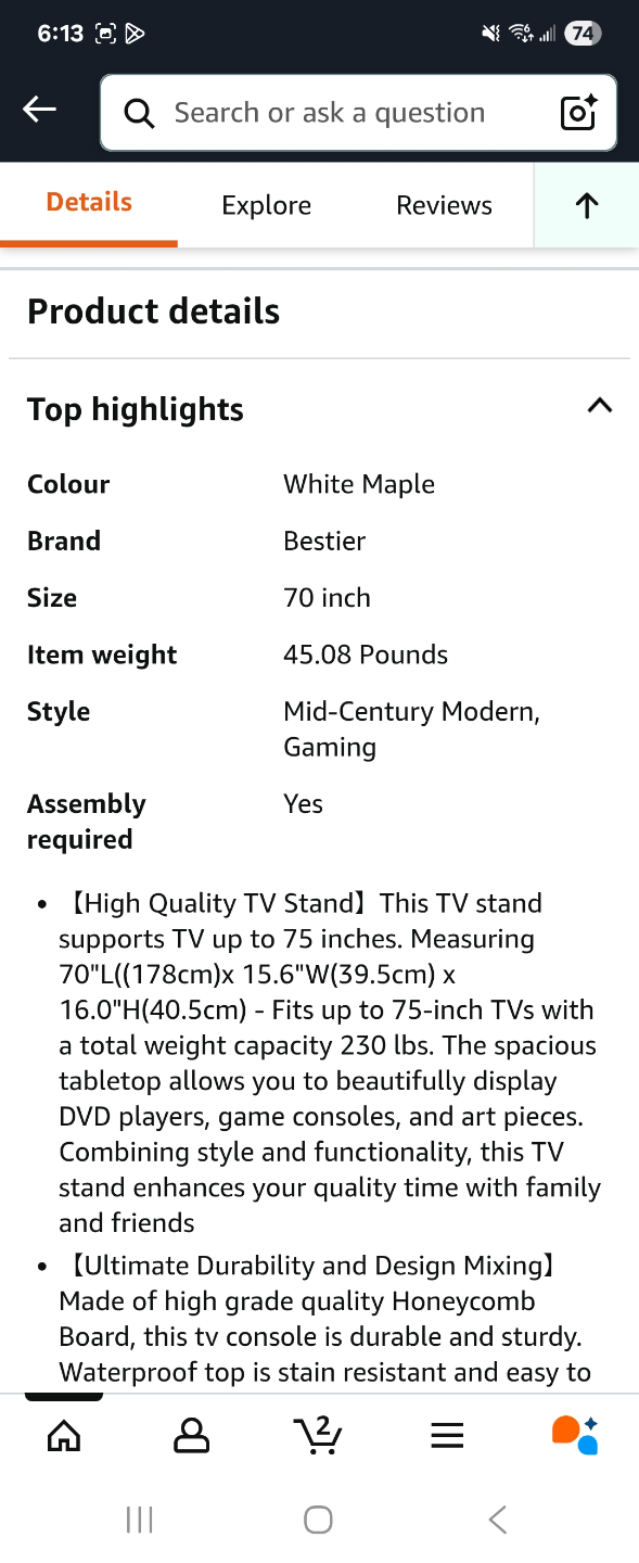 Besiter 70 inch Mid-Century Modern TV Stand with LED Lights - photo 5