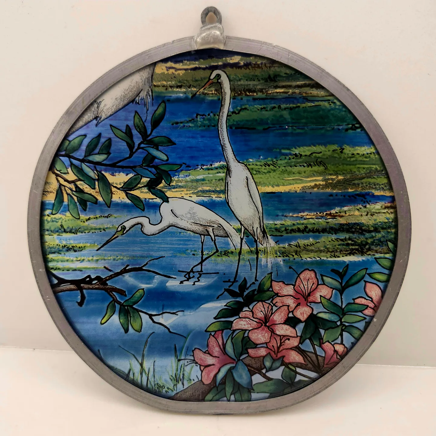 Vintage Round Stained Glass Hanging Decor - Herons & Azaleas thumbnail