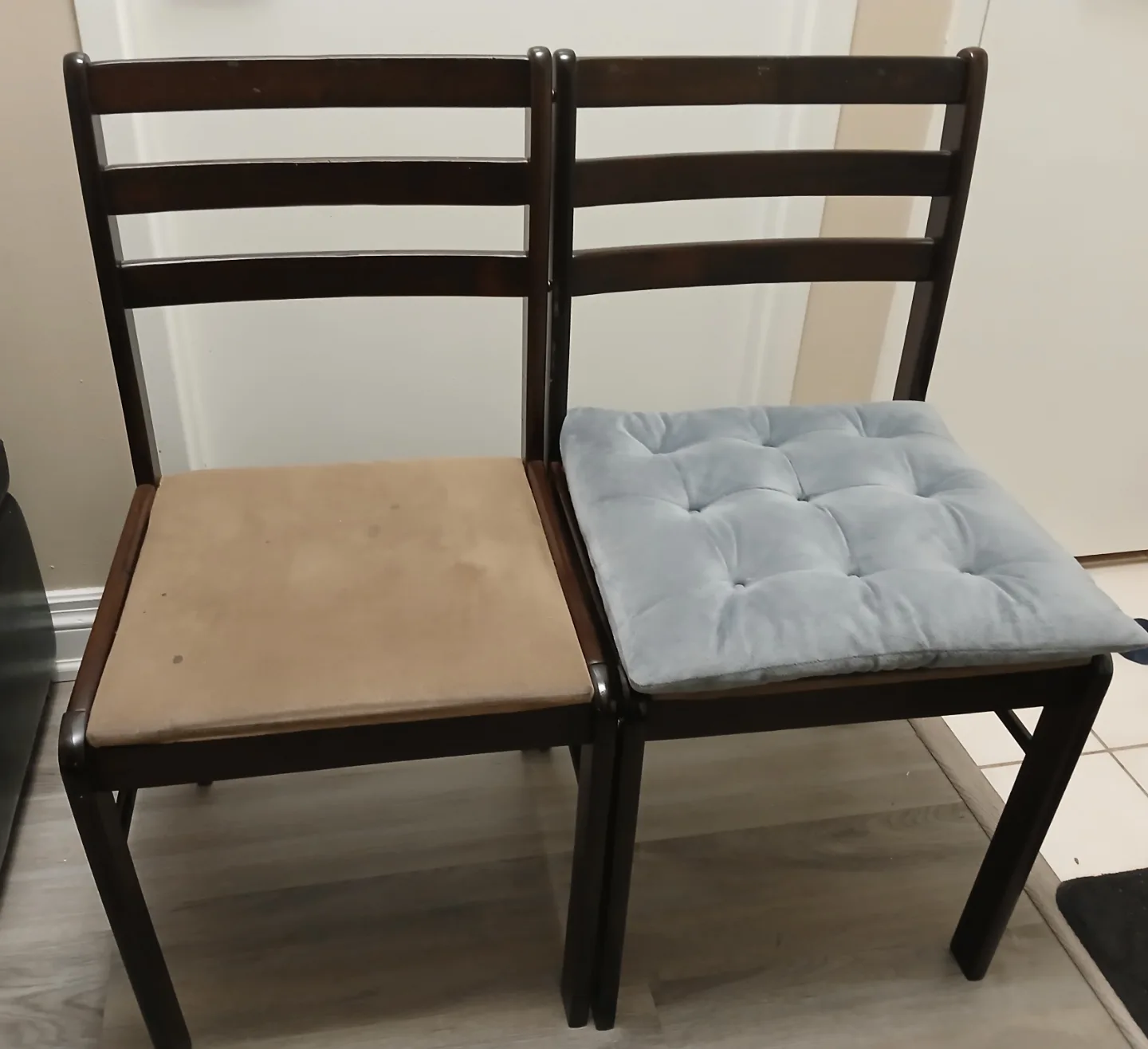 Pair of Dark Brown Wooden Chairs with Cushions thumbnail