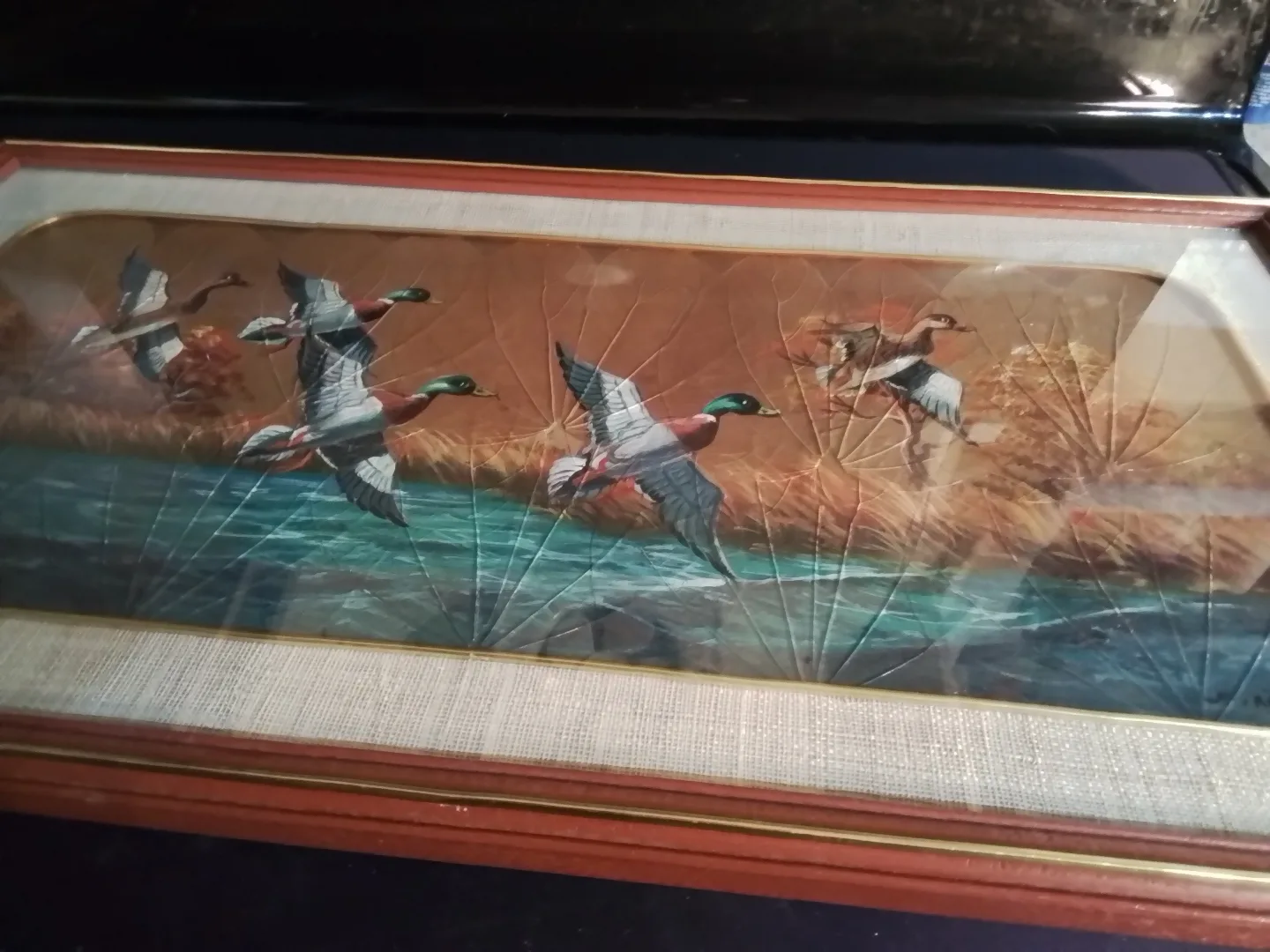 Vintage Framed Leaf Art Painting - Ducks in Flight image indicator(4)