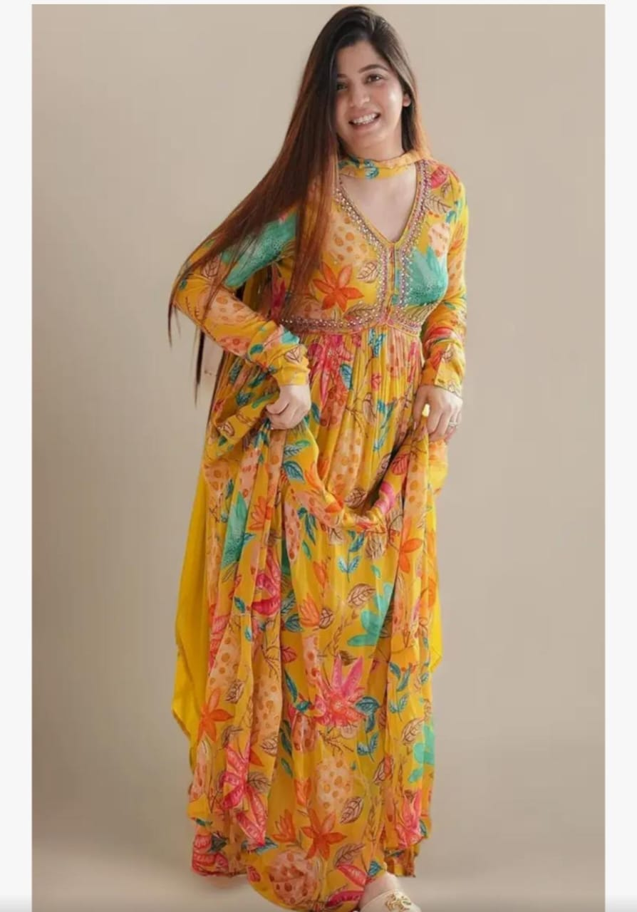 Gorgeous Yellow Floral Printed Anarkali Suit
