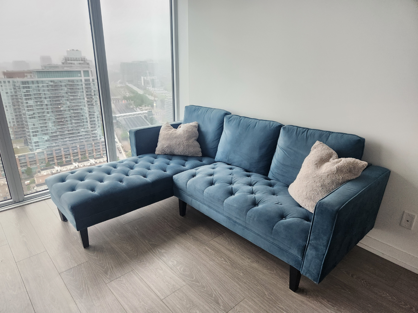 Structube Blue Velvet L- Shaped Sofa