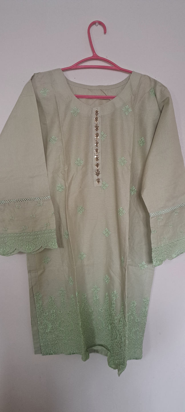 Women's Sage Green Embroidered 3/4 Sleeve Top and Trousers