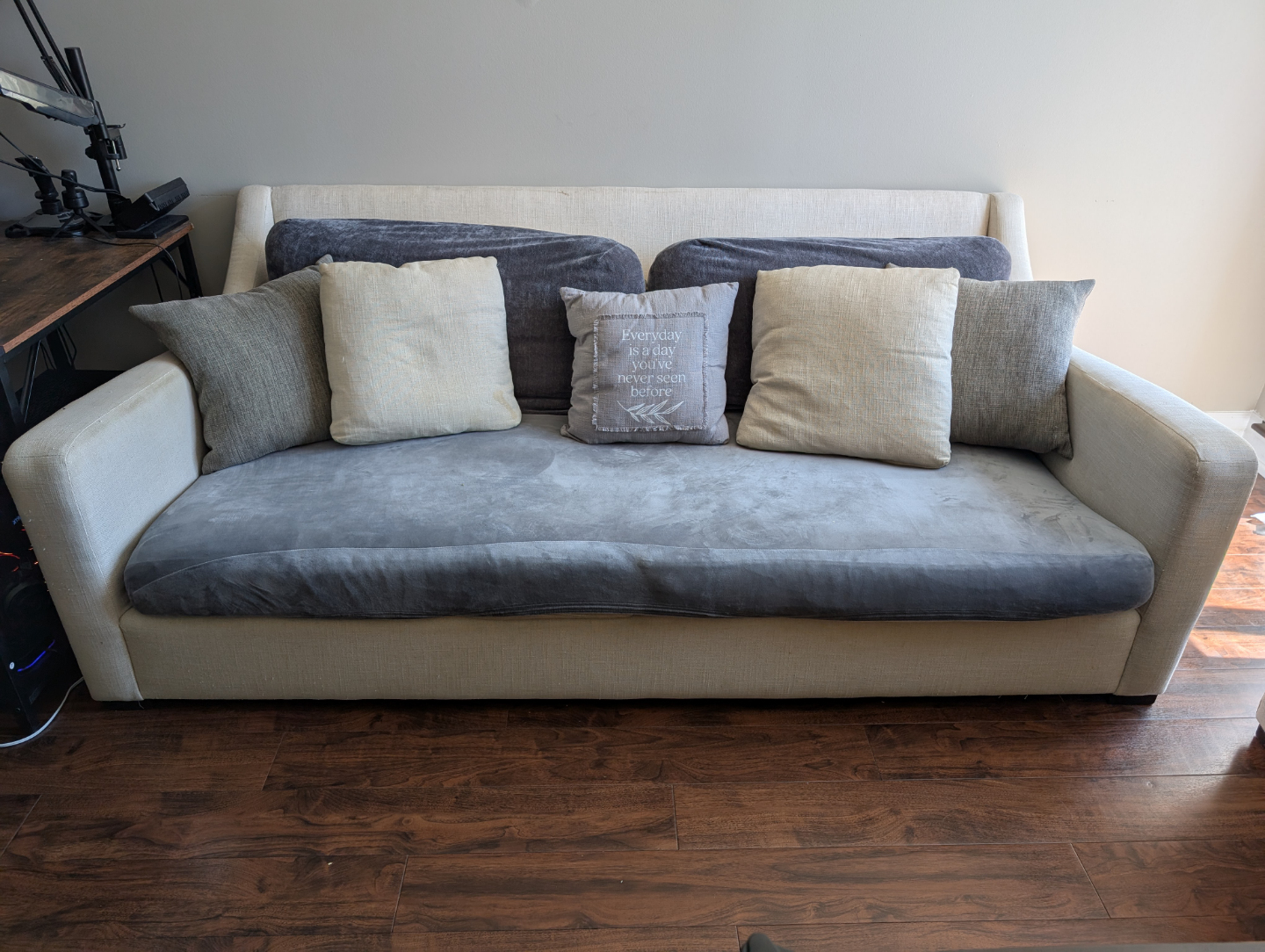 Crate and Barrel Cream Sofa with Grey Cushion Covers