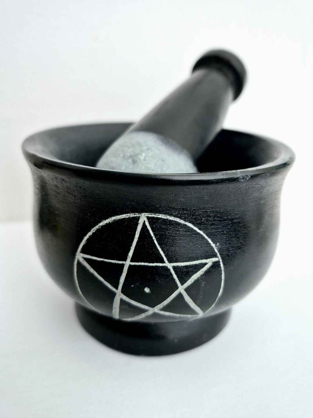 Black Soapstone Mortar and Pestle with Pentagram