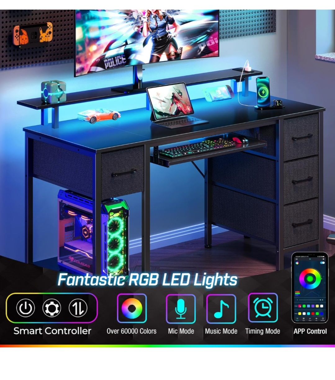 Gaming Desk with RGB LED Lights and Storage - photo 4