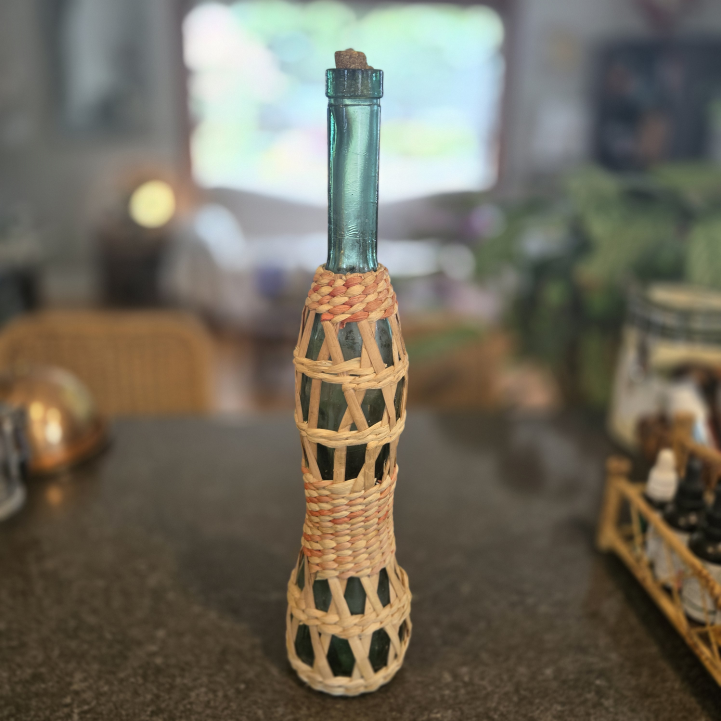 Vintage Boho Glass Bottle with Woven Basket Cover - photo 2