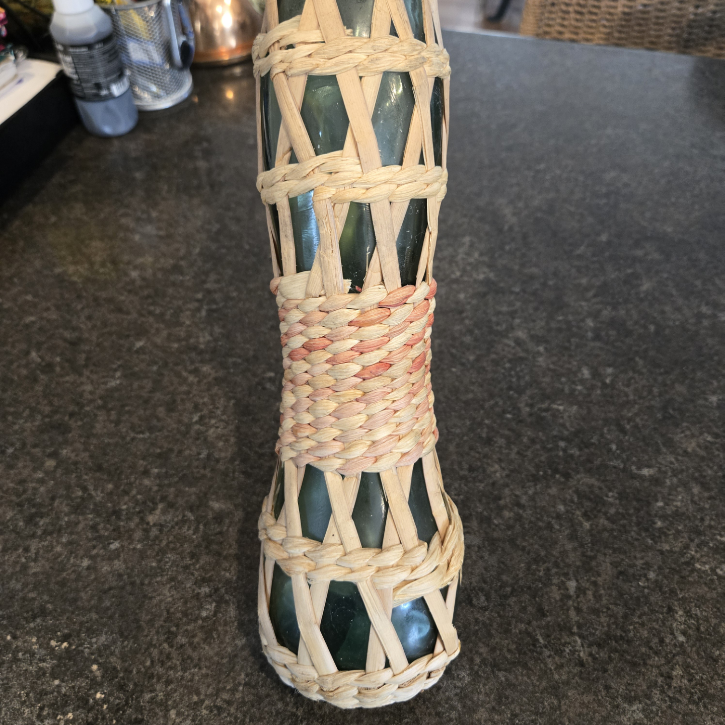 Vintage Boho Glass Bottle with Woven Basket Cover - photo 3
