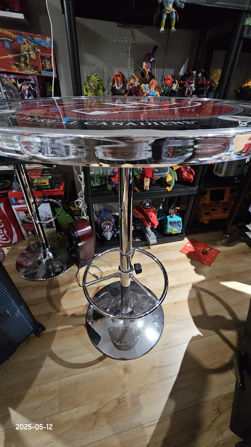 Pair of Brown Leather Bar Stools & Montreal Canadiens Pub Table - photo 2