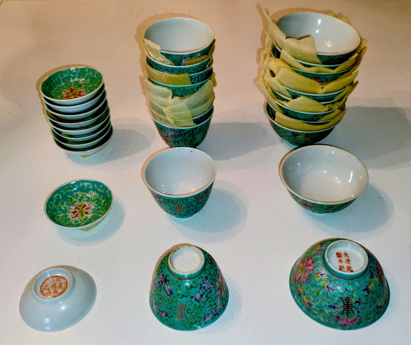 Antique Chinese Porcelain Tea Cups (2 sets, M & S) + Small Bowls