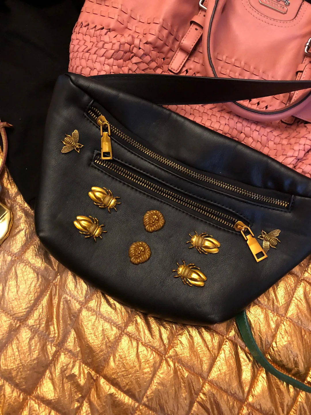 Black Leather Waist Bag with Gold Bee and Lion Accents thumbnail