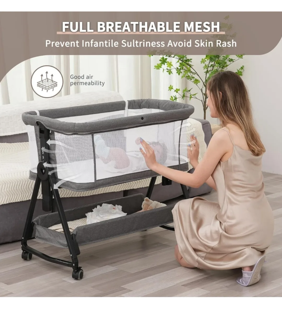 Baby Bassinet with Storage, 7 Height Adjustments image indicator(2)