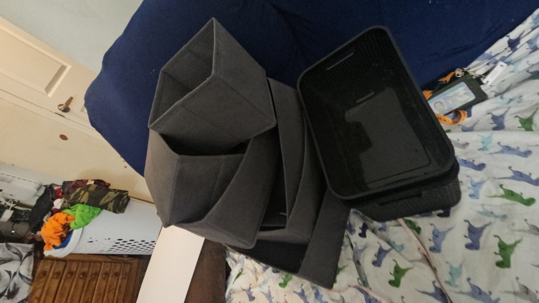 Set of Grey Fabric Storage Bins and Black Storage Container