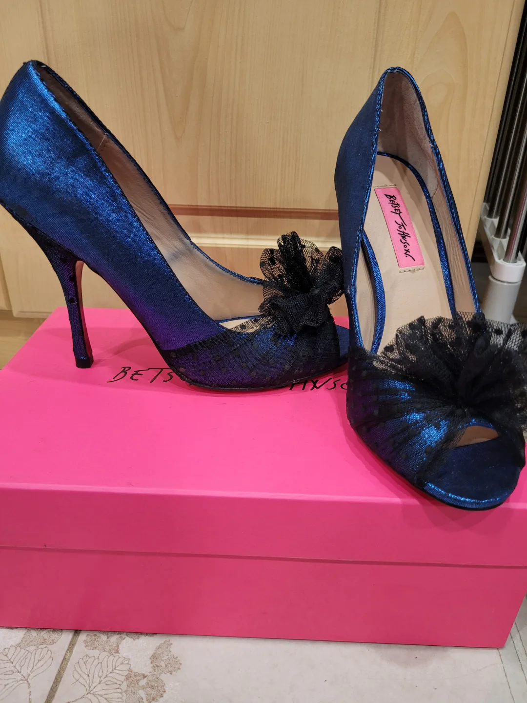 Betsey Johnson Blue Satin Peep Toe Heels thumbnail