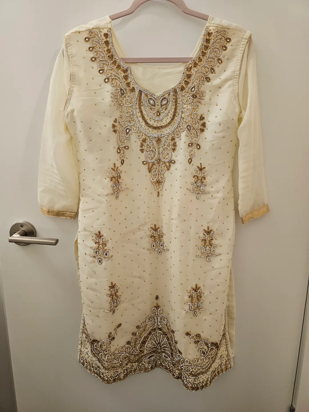 Cream and Gold Embroidered Shalwar Kameez Suit thumbnail