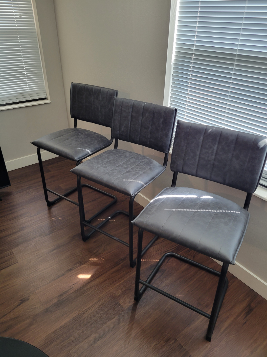 Set of Three Gray Leather Bar Stools - photo 2