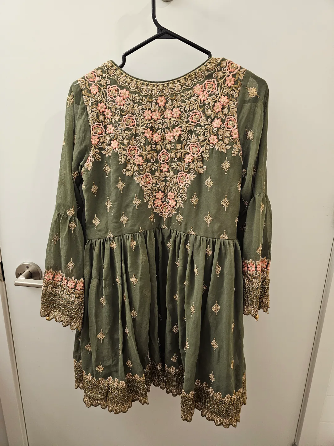 Olive Green Embroidered Salwar Kameez with Peach Dupatta thumbnail